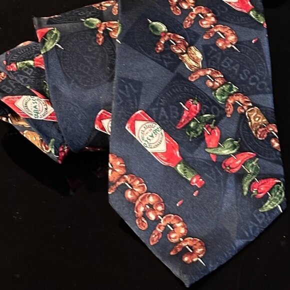 Tabasco Tie Kitsch Silk Mens Neckwear Y2k Chili Peppers Blue Red Hot Sauce - Picture 1 of 3